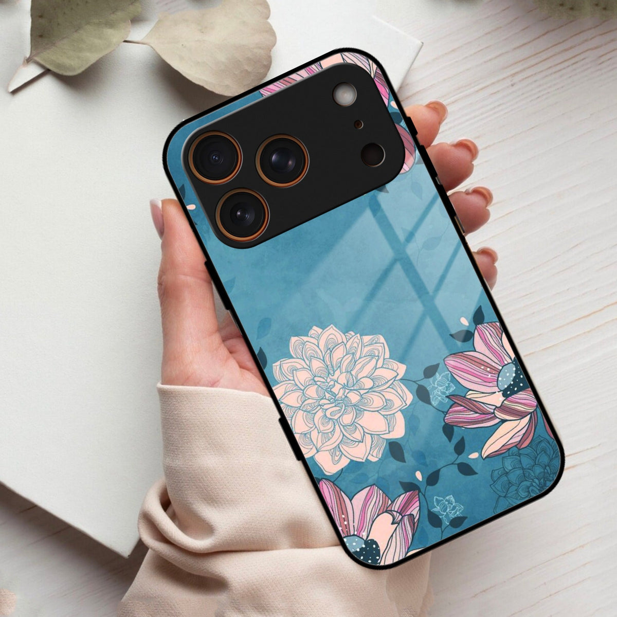 Blue Flower Glass Phone Cover for iPhone 17 Pro Max